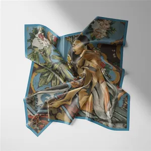 Detailed view of Van Gogh oil painting silk scarf with sunflower and rose patterns