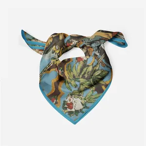 Close-up of silk square scarf featuring traditional landscape oil painting patterns