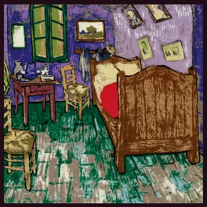 Detalle del estampado El Dormitorio en Arlés de Van Gogh en pañuelo de seda cuadrado
