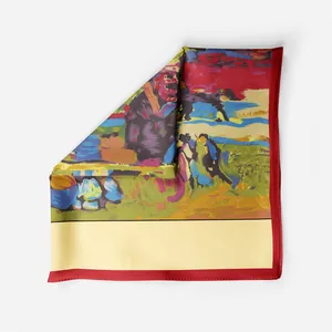 Detailed macro view of Van Gogh style sunflower oil painting silk square scarf with red edges