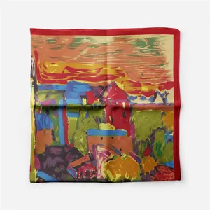 Macro detail of silk scarf showing artistic oil painting print and fine stitched red edges
