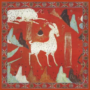 Detail of silk scarf with red Dunhuang murals featuring white deer and floral borders