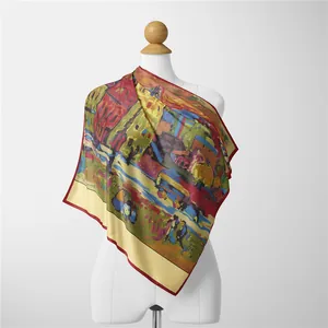 Artistic oil painting silk scarf draped on mannequin showing landscape prints