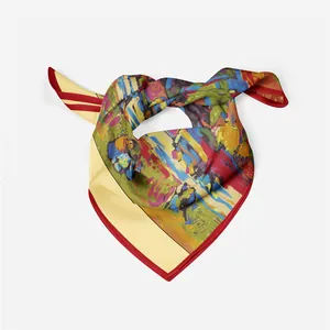 Detailed view of colorful abstract silk scarf featuring high-quality printed patterns