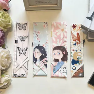 Fashion Satin Narrow Long Scarf For Women Printed Butterfly Girl Floral Hair Band Ribbon Elegant Neck Scarf Bag Decoration