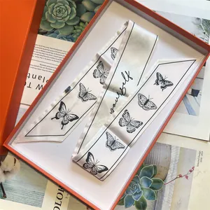 Elegant white skinny scarf with butterfly prints in a premium orange gift box