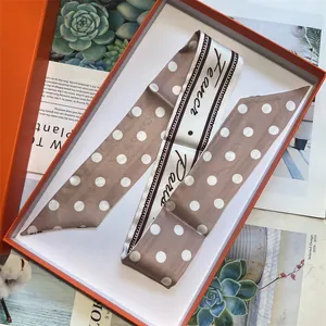 Dettaglio di un foulard in seta marrone a pois con scritte France Paris in scatola