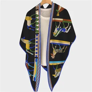 Luxury velvet triangle scarf with twelve war horses print and blue contrast border