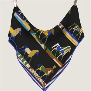 Velvet triangle scarf with colorful abstract horse pattern and blue diagonal border