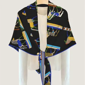Velvet triangle scarf with luxury horse print on a mannequin over a white shirt