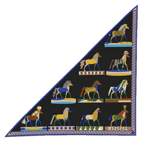 Triangle velvet scarf for women with artistic horse prints on a black background
