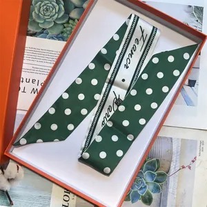 Sciarpa twilly in seta verde scuro a pois stile francese con elegante scatola regalo arancione