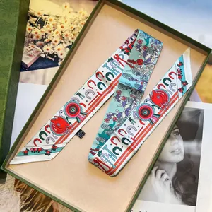 Elegant floral print twill silk scarf with horseshoe pattern and green gift box packaging