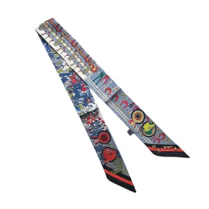 Floral twilly silk scarf with equestrian horse shoe pattern and diagonal cut ends