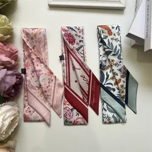 Three elegant floral twilly scarves with France Paris print on soft faux silk fabric