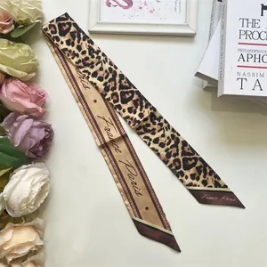 Detail of leopard print twilly scarf with France Paris lettering on elegant backdrop