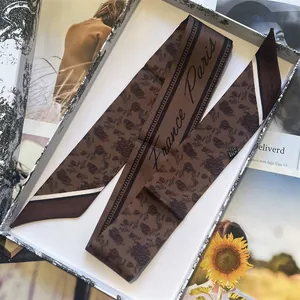 Detail of coffee bean pattern silk scarf with France Paris text in a gift box
