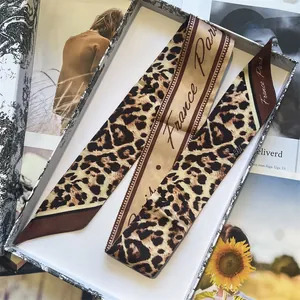 French retro leopard print silk twilly scarf with France Paris script in a gift box