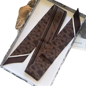 French retro coffee bean print silk twilly scarf with elegant brand gift box packaging