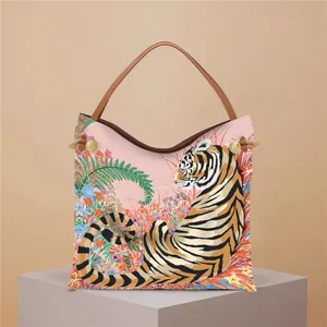 Close-up of tiger and jungle print on large pink tote bag with brown handles