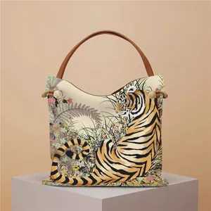 Close-up of brown leather handles and tiger pattern on a large capacity tote bag