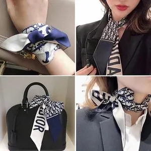 Detail showing four ways to wear the silk scarf as a wristband, necktie, and bag accessory