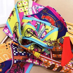 Polyester twilly scarf with horse carriage and colorful plaid patterns for handbags