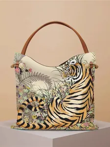 Large Capacity Tiger Print Tote Bag Polyester Artistic Floral Handbag With Circular Handles For Women Daily Travel Bag