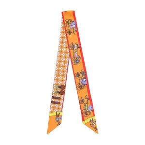 Elegant twilly silk scarf with orange horse carriage pattern for handbag handle wrap
