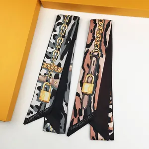 Vintage Satin Leopard Print Narrow Scarf For Women With Gold Chain Padlock Pattern Fashion Twilly Bag Scarf Neck Scarf Hair Band