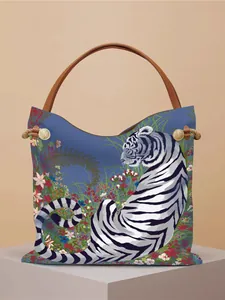 Artistic white tiger canvas tote bag with floral patterns and leather handles