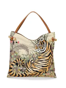 Western tiger print tote bag made of canvas with leather handles for daily travel