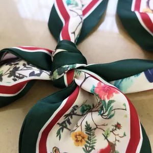 Floral bird print silk skinny scarf with green borders and red striped accents