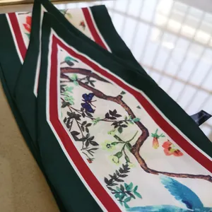 Green floral silk scarf with bird and butterfly print in a vintage Chinese style
