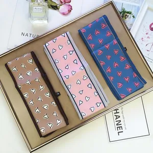 Three long silk scarves with heart patterns in brown pink and blue chic hair bands