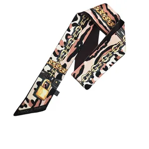 Chic leopard print silk twilly scarf with gold chain patterns and France Paris print