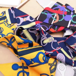 Silk-feel twilly scarf with equestrian horse print for handbag handle and hair accessory