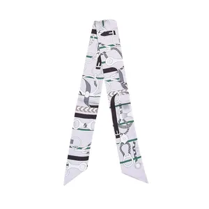 Lavender silk twilly scarf with horse harness print for handbag handles and hair