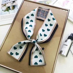 Elegant ivory twilly scarf with green heart print and plaid detail for bag accessories