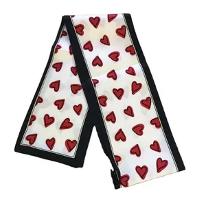 Chic cream heart print skinny scarf with black borders for neck tie or hair band styling