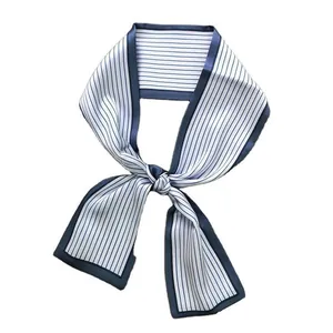Navy blue and white striped skinny silk scarf with elegant satin finish for women