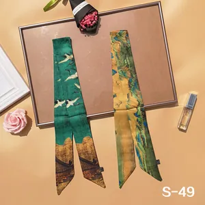 Chinese Style Crane Landscape Satin Twilly Scarf Narrow Neck Scarf For Women Handbag Handle Hair Ribbon Decoration Gift