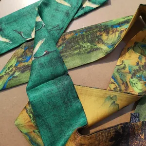 Silk twilly scarf with crane landscape print for luxury handbag handle decoration