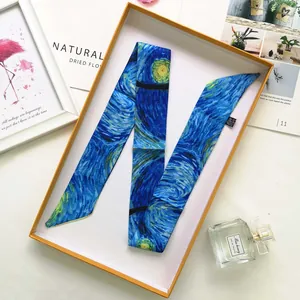 Van Gogh Oil Painting Art Print Narrow Satin Scarf For Women Fashion Ribbon Hair Band Bag Handle Wrap Silk Feel Decorative Scarf Neck Tie