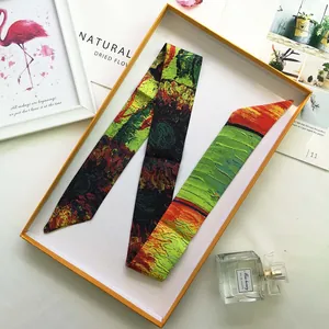 Classic Van Gogh oil painting style narrow silk scarf for bags or hair accessory