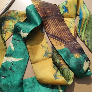 Artistic silk skinny scarf with vintage Chinese crane painting and landscape patterns