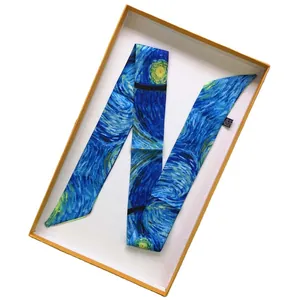 Van Gogh Starry Night narrow silk scarf with elegant orange border gift box for women