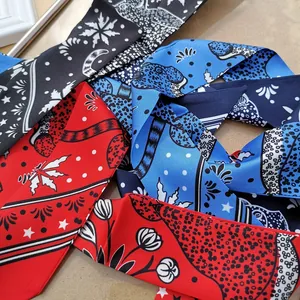 Silk-like twill ribbon scarves with leopard and floral prints in red, blue, and black