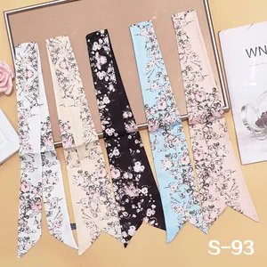 Elegant Satin Skinny Scarf Floral Cherry Blossom Pattern For Women Ribbon Hair Tie Bag Accessory Headband Neck Scarf