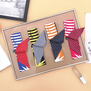 Silk-like long narrow scarves for handbags with chic numeric prints and striped patterns